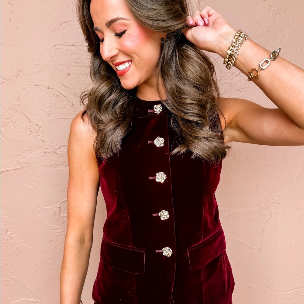 Moon River Elegant Burgundy Velvet Vest with Gold Buttons